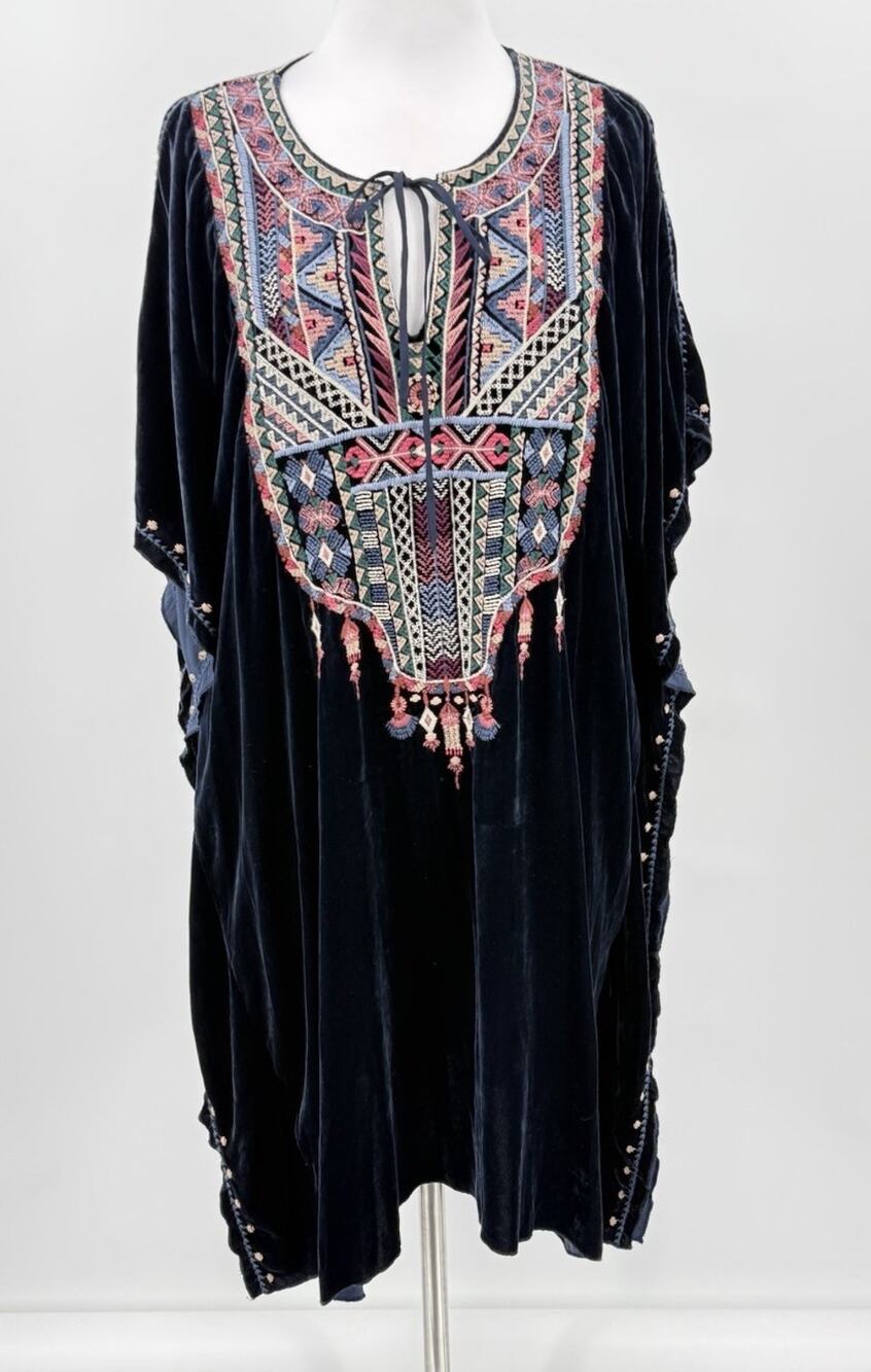 Johnny Was Dress Floral Embroidered Blue Velvet Effortless Kaftan Dress Large